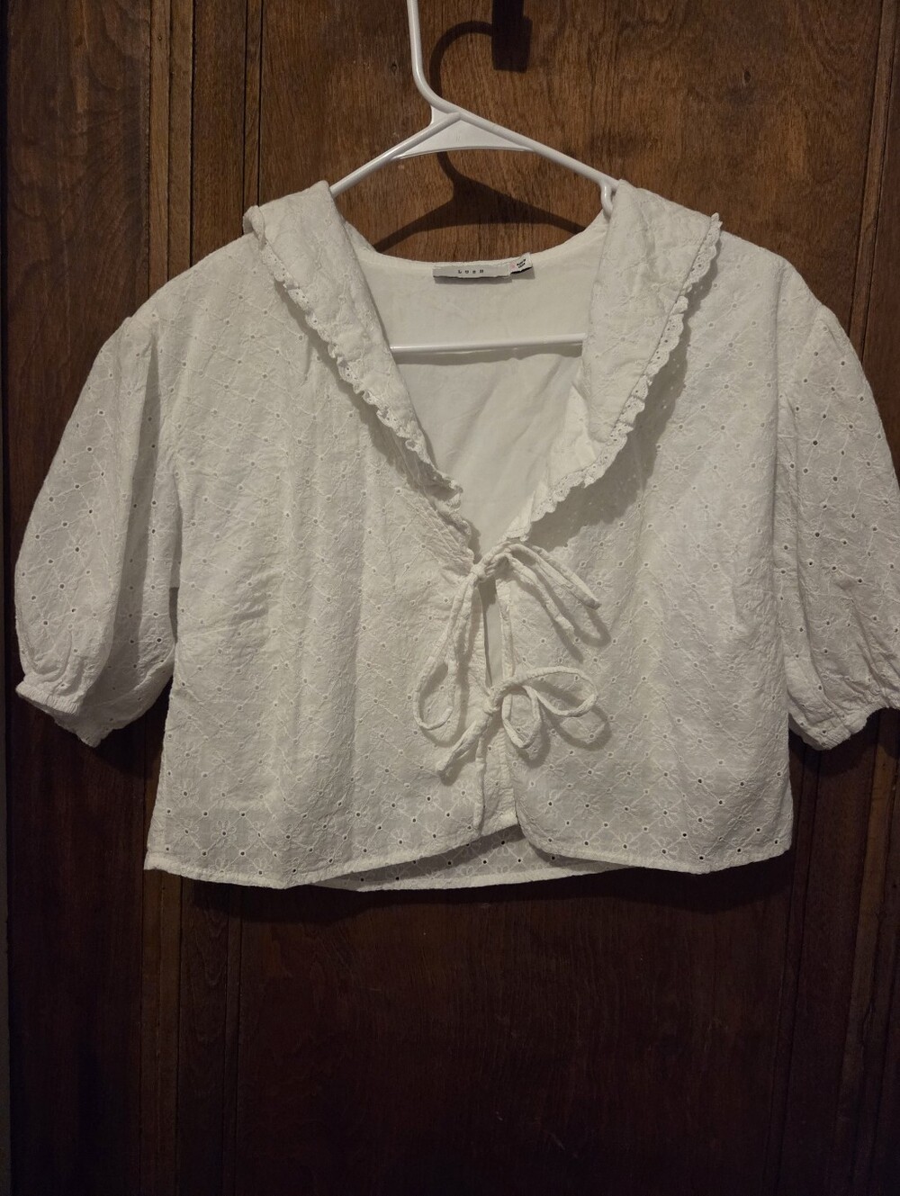 Lush White Eyelet Lace-Trim Tie-Front Blouse